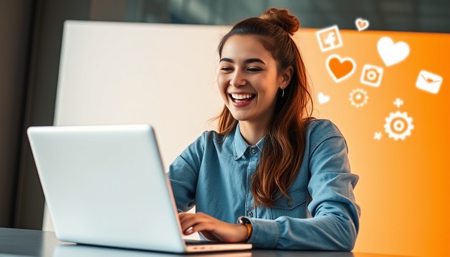 Woman excitedly learning social media marketing on a laptop.