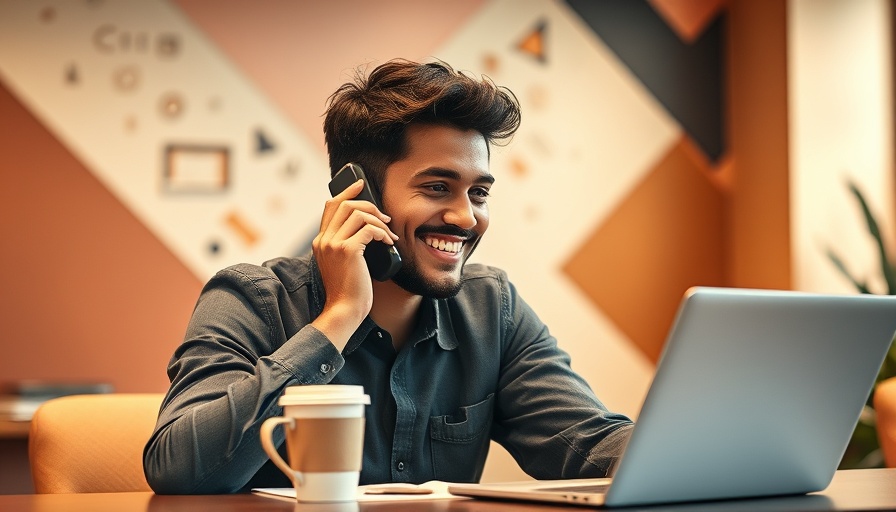 Cheerful young man using phone at desk with lead generation tools.