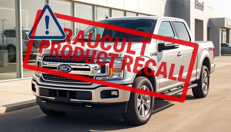 Ford truck with product recall sign at dealership.