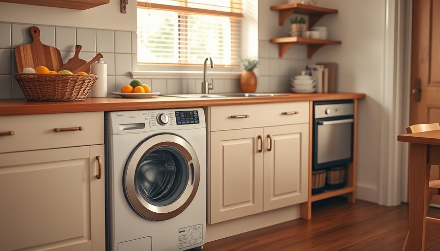 Integrated washing machine in cozy kitchen with fruit basket, soft lighting.