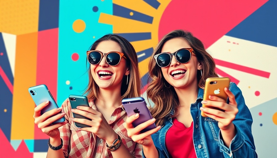 Joyful women using phones with geometric background, X vs Threads social media marketing.