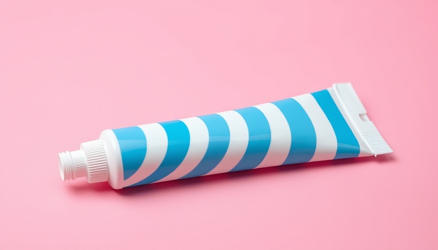 Striped toothpaste squeezed from tube on pink surface.
