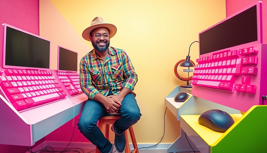 Colorful image depicting the importance of authenticity in personal branding with a man confidently sitting with vibrant tech elements.
