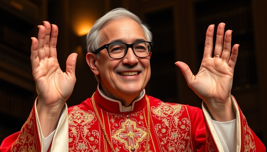 Religious figure smiling and waving in ornate attire