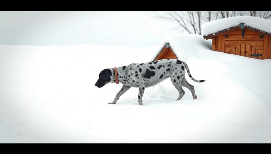 Spotted dog walking in snow near a dog house, winter setting.