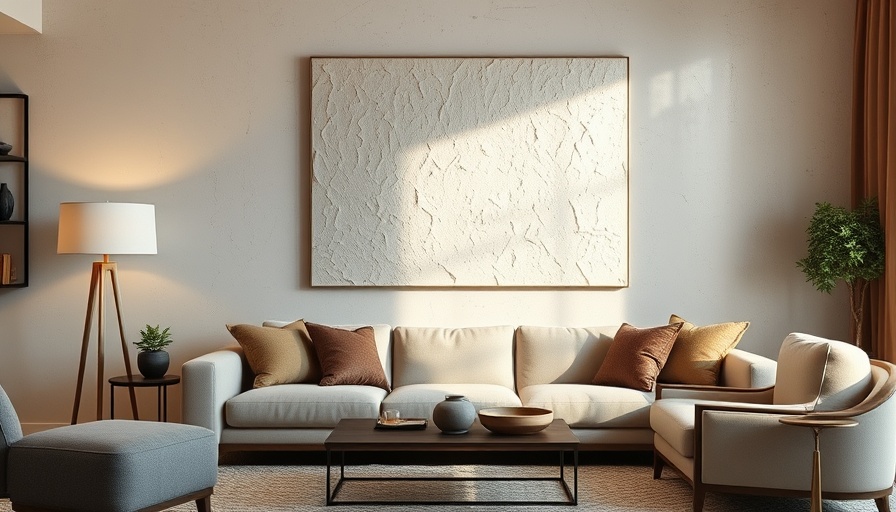 Modern textured plaster wall art in cozy living room setting