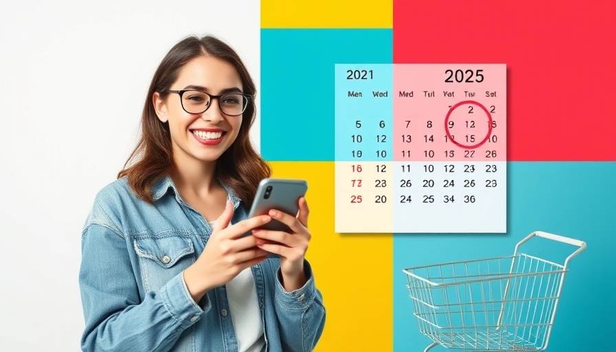 Smiling woman with phone, calendar, and basket illustration for seasonal marketing campaign strategy.