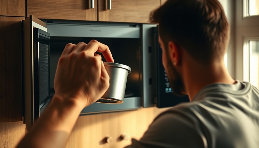 Metal container in microwave safety concern, kitchen setting.