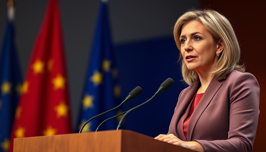 Confident woman delivering speech on Europe tech sovereignty and global collaboration.
