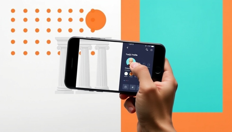 Hand holding smartphone with social media; Roman columns symbolize content pillars for social media.