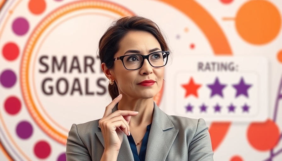 Confident businesswoman discussing the SMART goals framework, abstract design.
