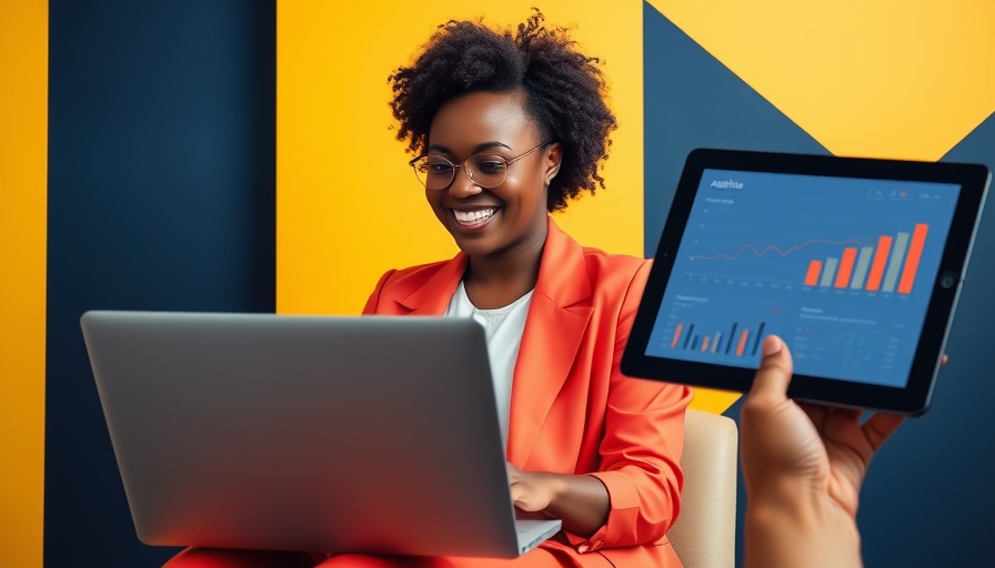 Smiling woman using laptop; tablet shows analytics. High ROI landing pages.