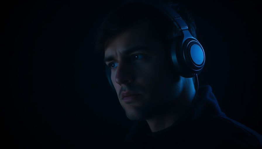 Moody portrait with headphones, thoughtful expression, cinematic photo.