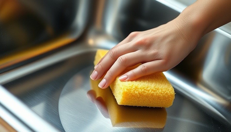 Hand polishing a stainless steel sink with a sponge.