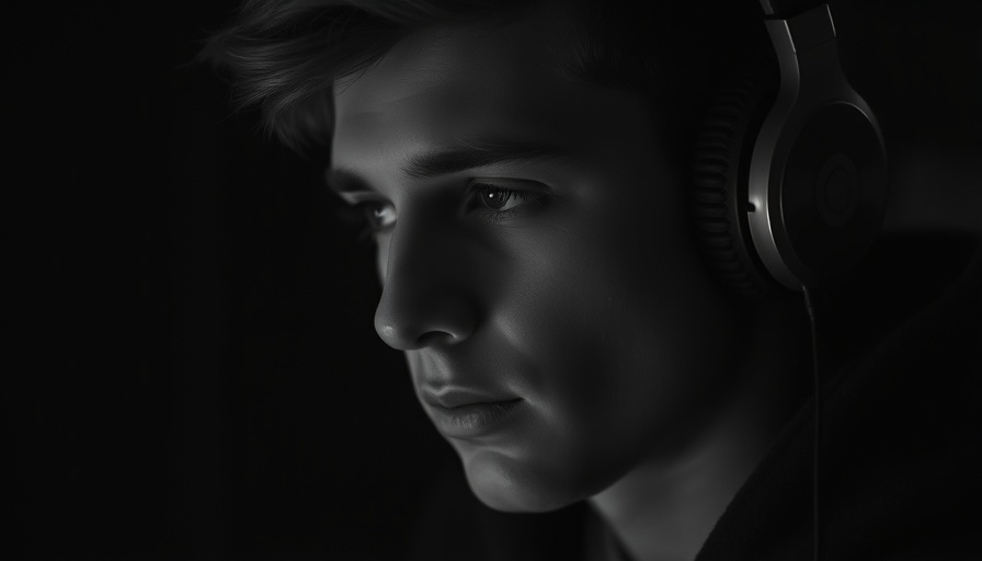 Moody portrait of a young man in headphones symbolizing 'loudest victories happen in silence'.