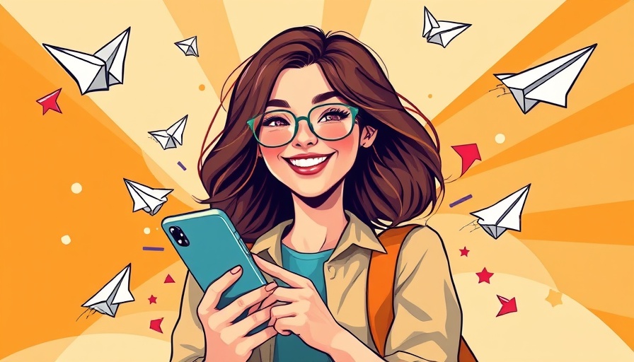Vibrant illustration of a woman with phone and whimsical elements.