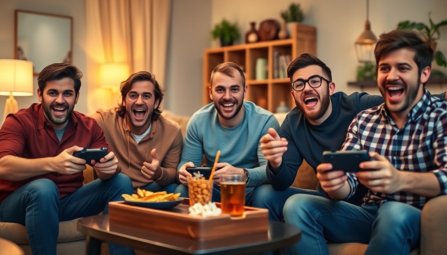 Excited men gaming in cozy room with snacks, game room ideas.
