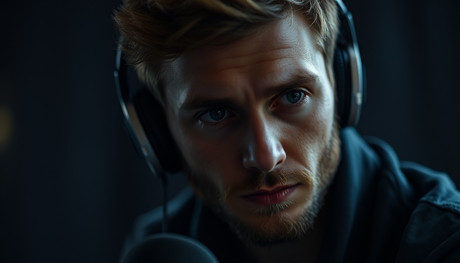 Thoughtful podcaster with headphones in a moody setting