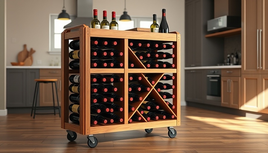 DIY wine racks and hacks: elegant mobile wooden wine rack in modern kitchen.