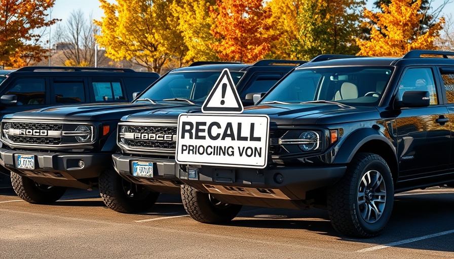 Ford Bronco lineup with recall sign due to child lock issue, sunny day.