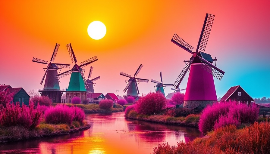 Surreal neon-colored Dutch landscape with windmills.