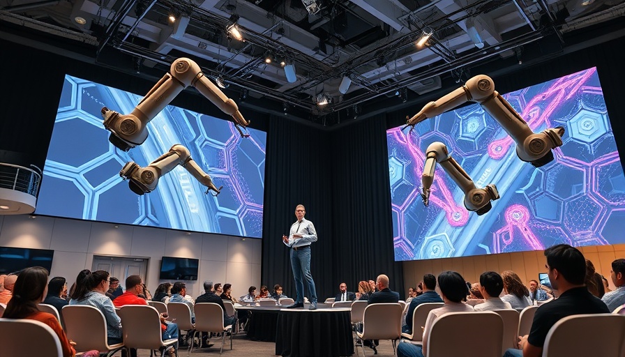 AI integration in business technology conference showcasing robotic arms.
