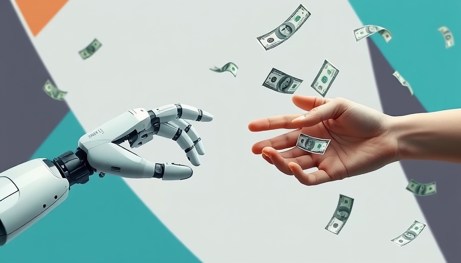 AI implementation costs illustrated by robot and human hands with dollar bills.