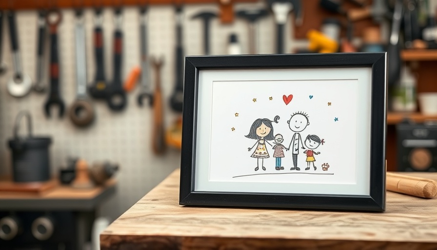 Kids art frame with drawing, displayed in a workshop.