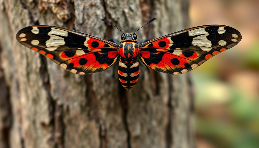 Close-up of spotted lanternflies on tree bark with vibrant colors.