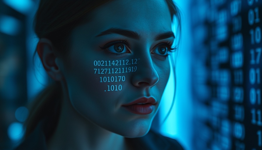 Woman in blue light with digital code, thriving with AI agents.