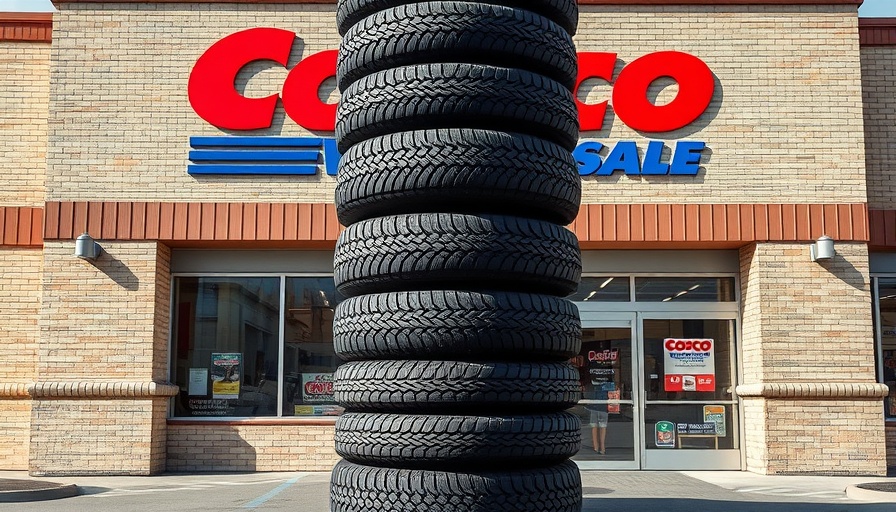 Towering stack of tires at Costco entrance reflecting attractive tire prices