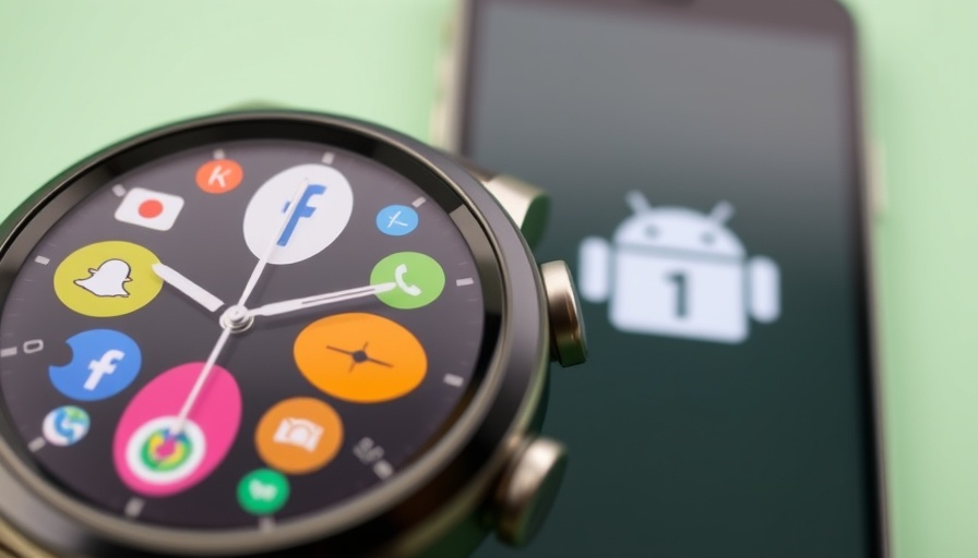 Apple Watch displaying app icons next to blurred Android phone, green background.