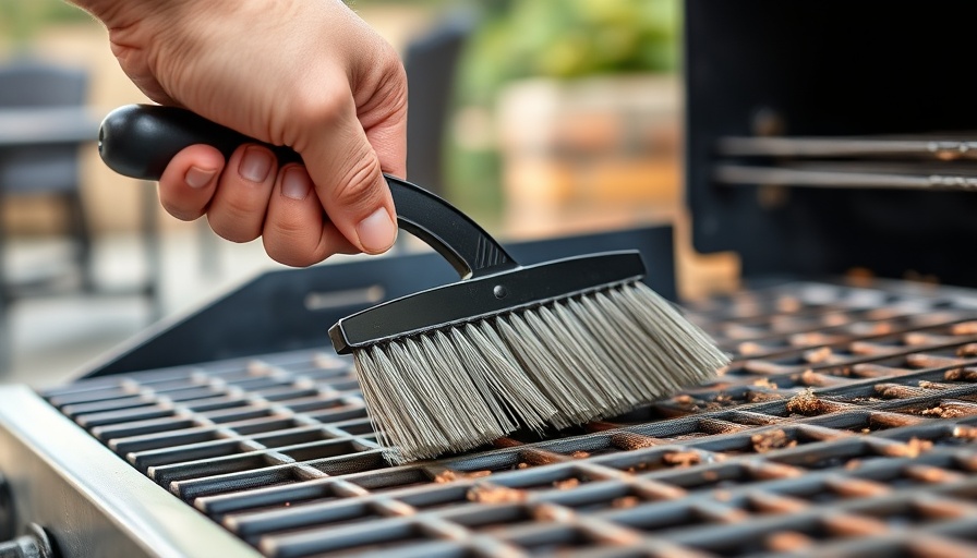 Close-up of hand using wire grill brush for safe cleaning.
