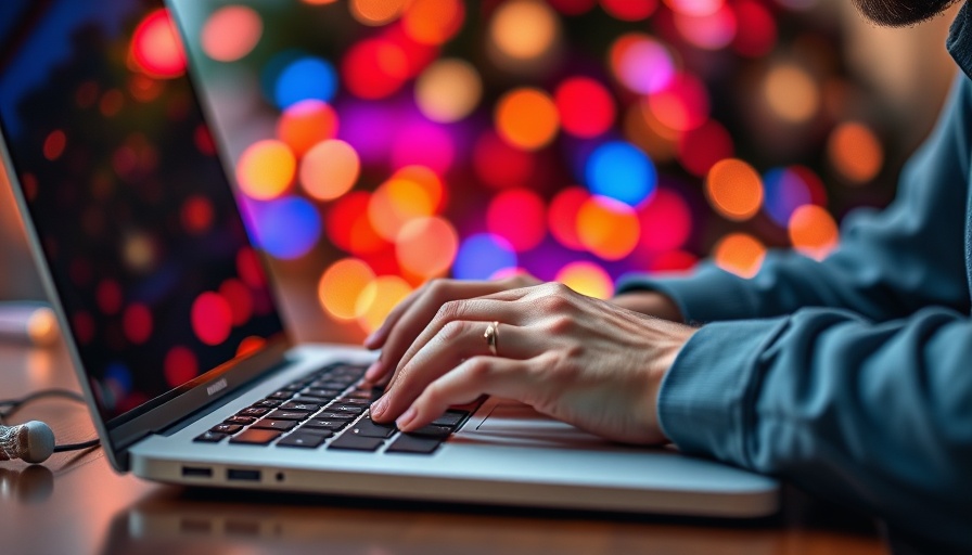 Hands typing on laptop with coffee and holiday lights conveying Holiday Marketing Campaign Strategies.