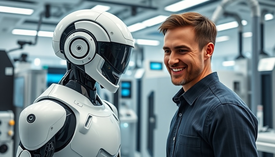 Man and humanoid robot in futuristic lab at Germany robotics competition.