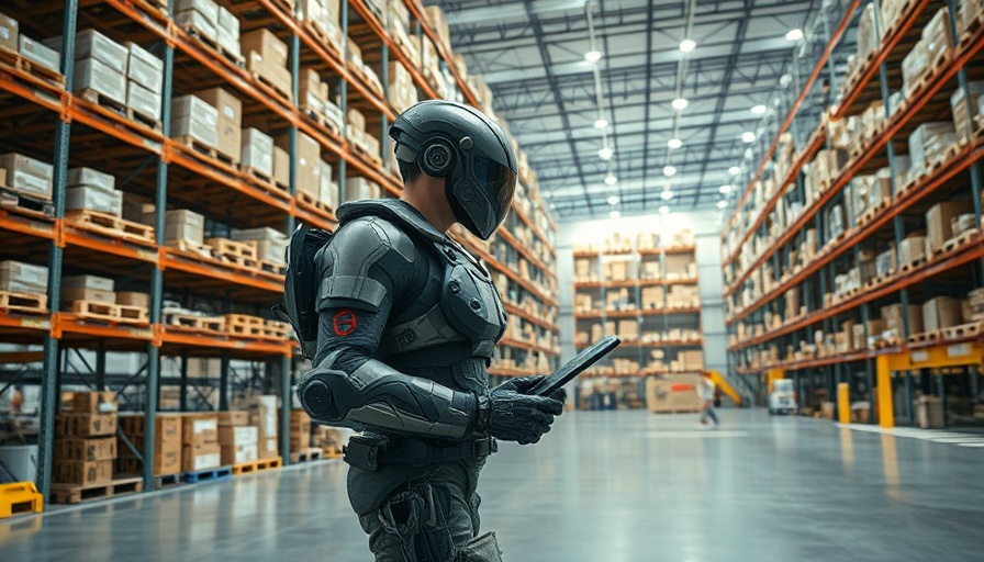 Worker in warehouse wearing an exoskeleton with AI muscle memory systems.