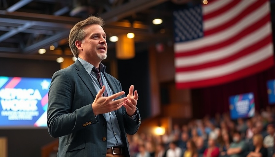 Casually dressed speaker lively discussing on stage at an event venue.