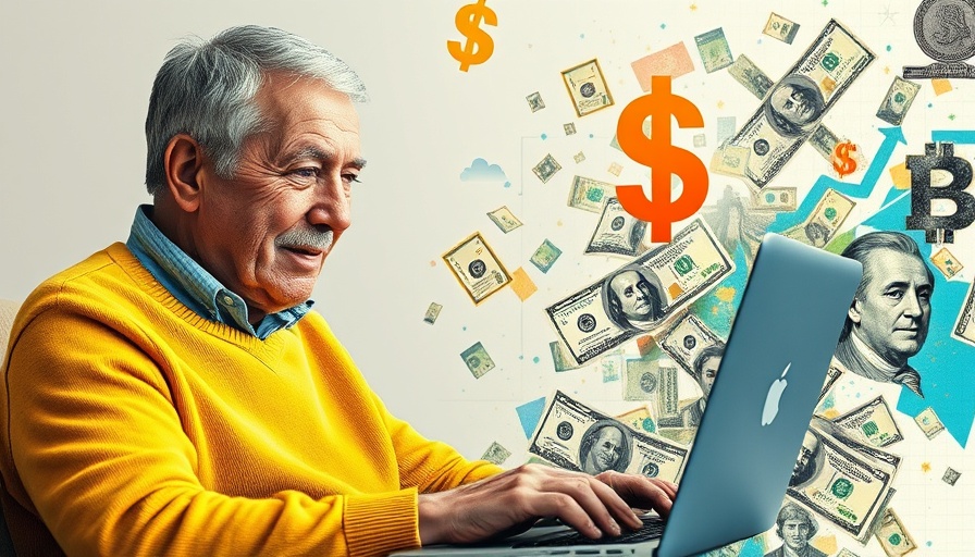 Collage of man with laptop and financial symbols highlighting e-commerce marketing video.