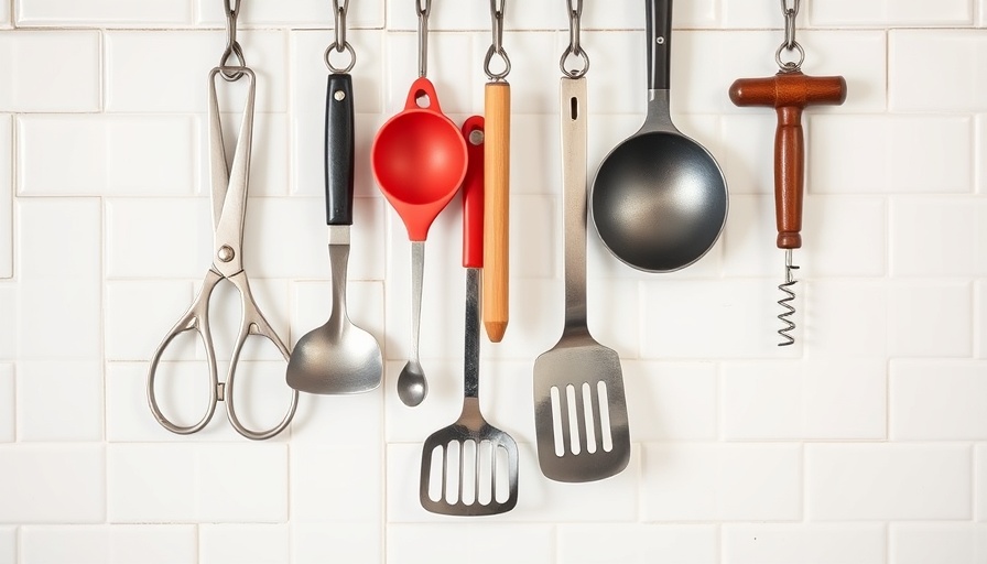 Neatly arranged kitchen tools hanging against a tiled wall for kitchen knowledge quiz.