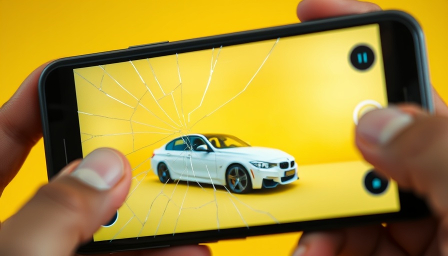 Lidar technology camera damage, cracked screen over white car.