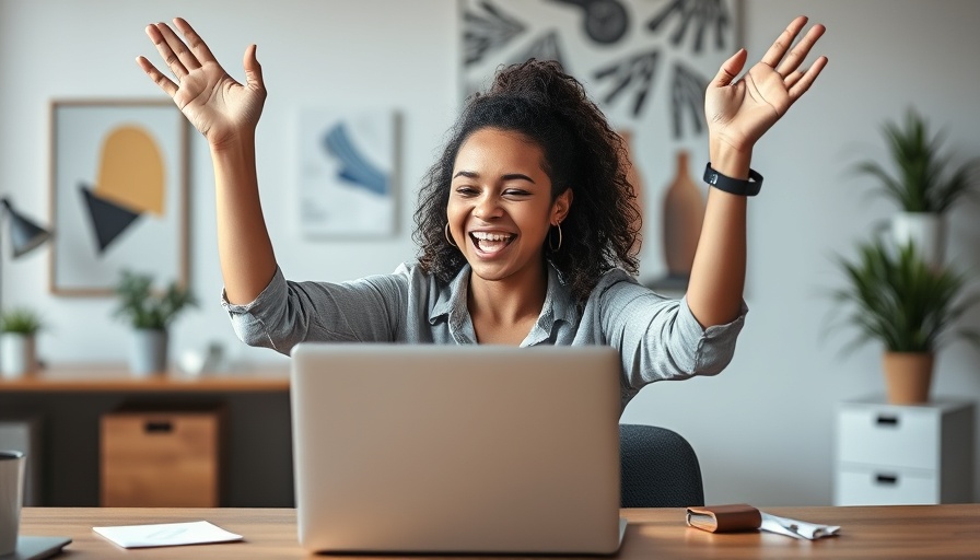 Energetic young woman celebrating success in marketing with laptop.