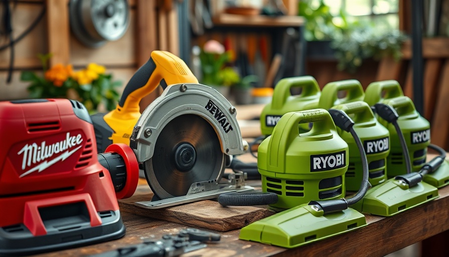 Assorted power tools at The Home Depot workbench in workshop setting.