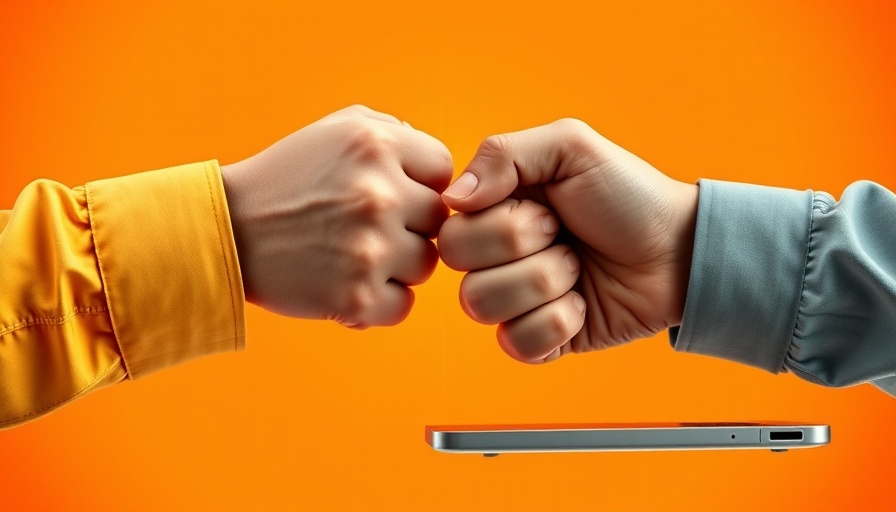 Symbolic collaboration with human-laptop fist bump, AI workflows for marketing productivity.