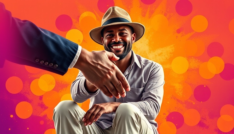 Collage of handshake and smiling man with hat on colorful backdrop.