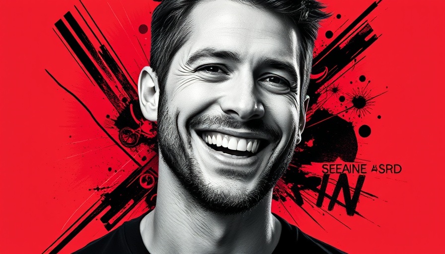 Black and white graphic portrait with marketing design elements.