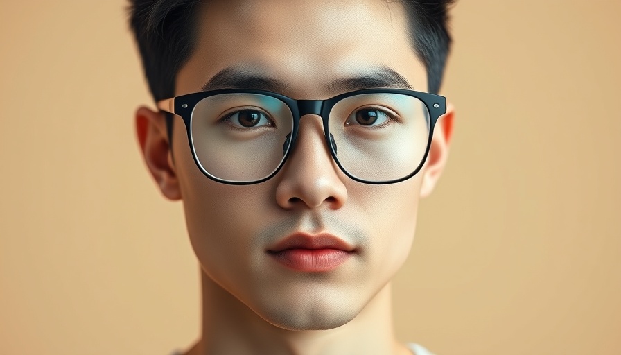Young man wearing autofocus glasses in a clean, beige setting