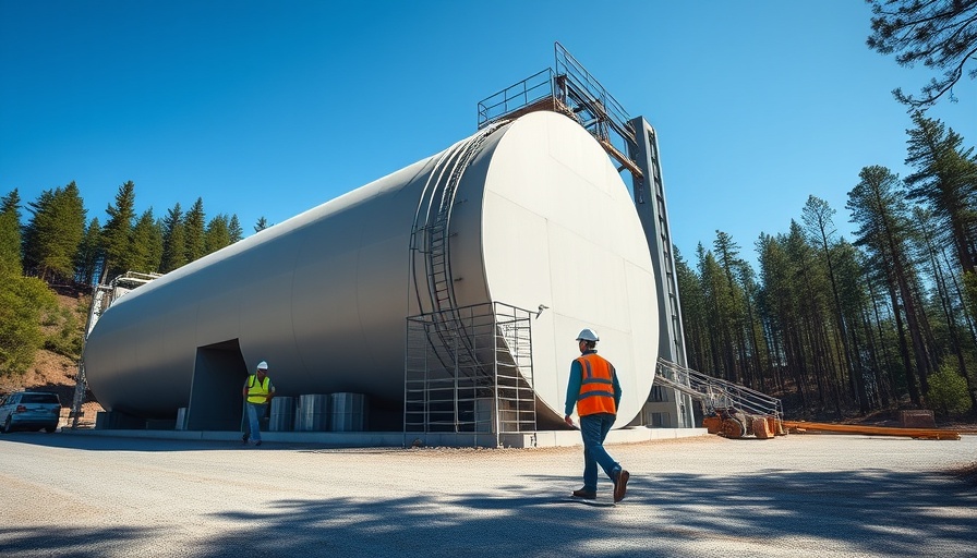 Sand battery heating system with workers; industrial energy storage.