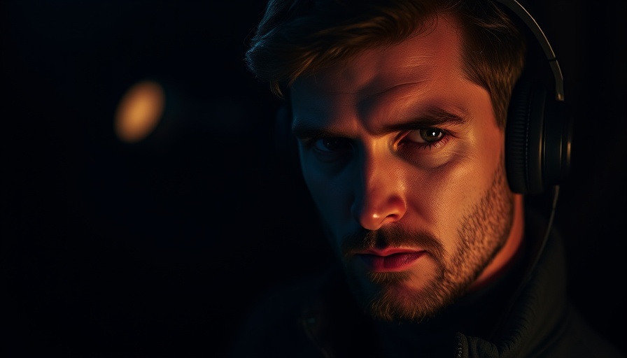 Moody portrait of man in headphones, focused listening.
