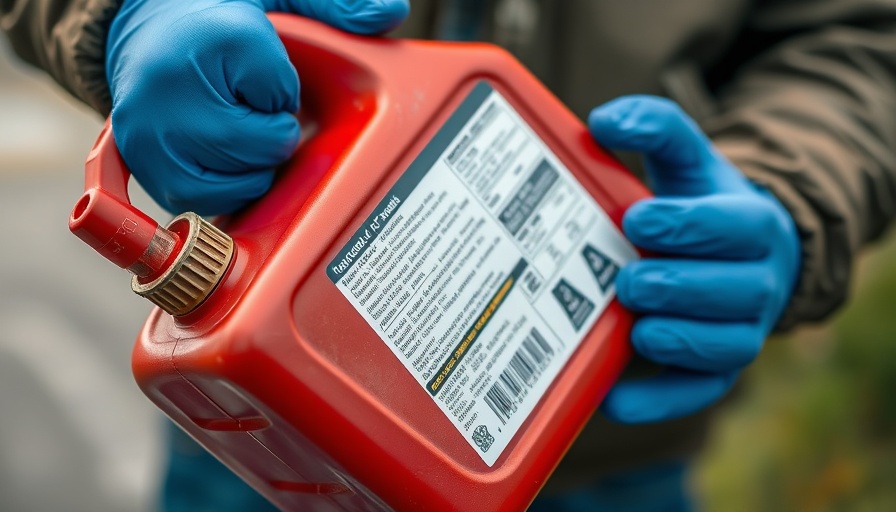 Close-up of red gasoline can with gloves handling, disposal focus.