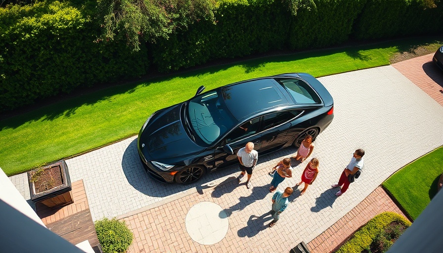 Aerial view of family beside car in driveway from security camera